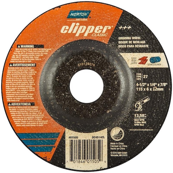 Norton Abrasives Norton Clipper 4-1/2 in. D X 7/8 in. Classic Grinding Wheel 70184601505 - main